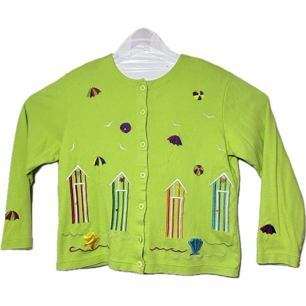 VTG Women's Embroidered Shirt Summer Scene Beach Lime Green Sz M Bobbie Cotton‎